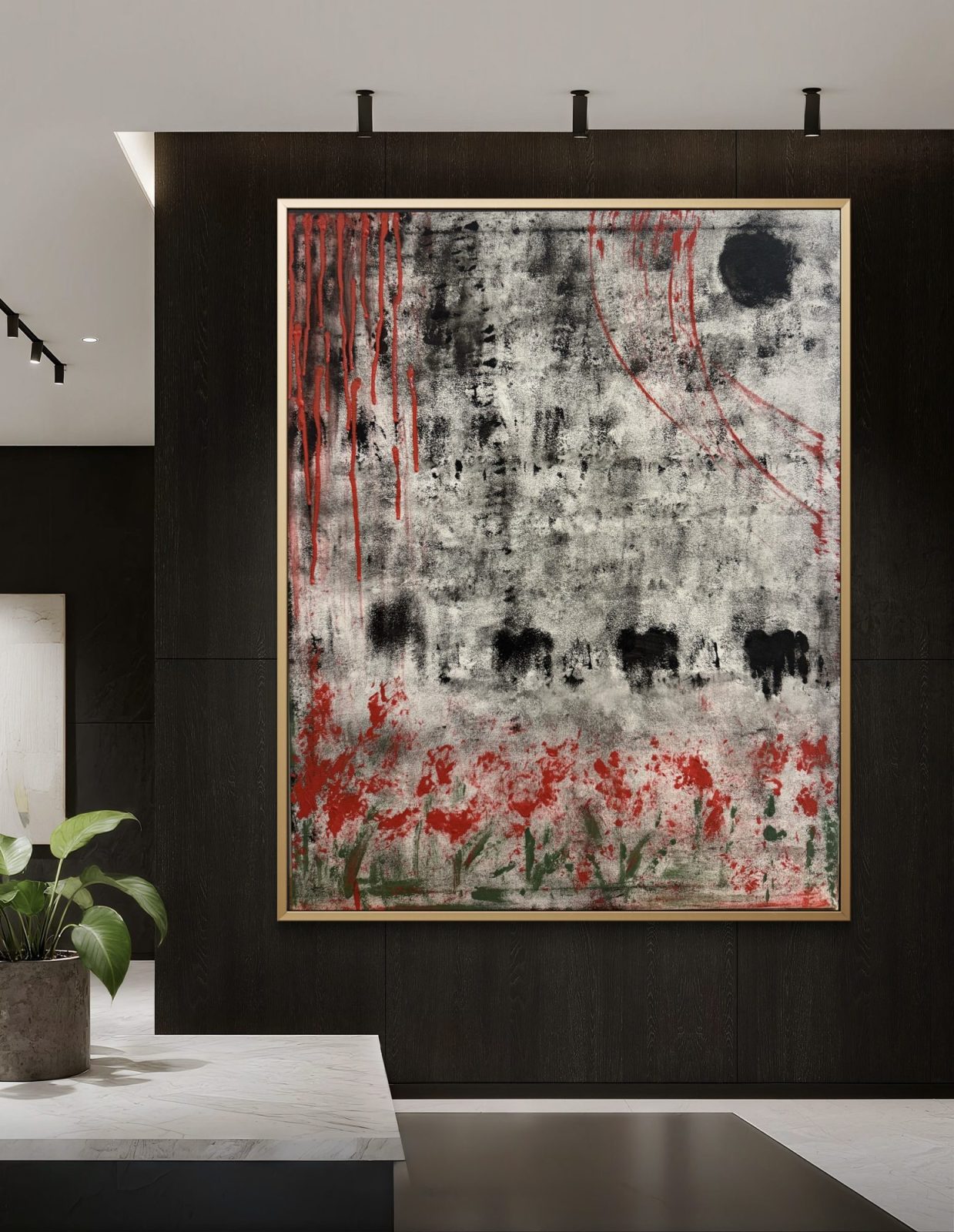 Nocturne in Crimson Silence - acrylic painting with gold leaf by Katarina Maria Smederevac